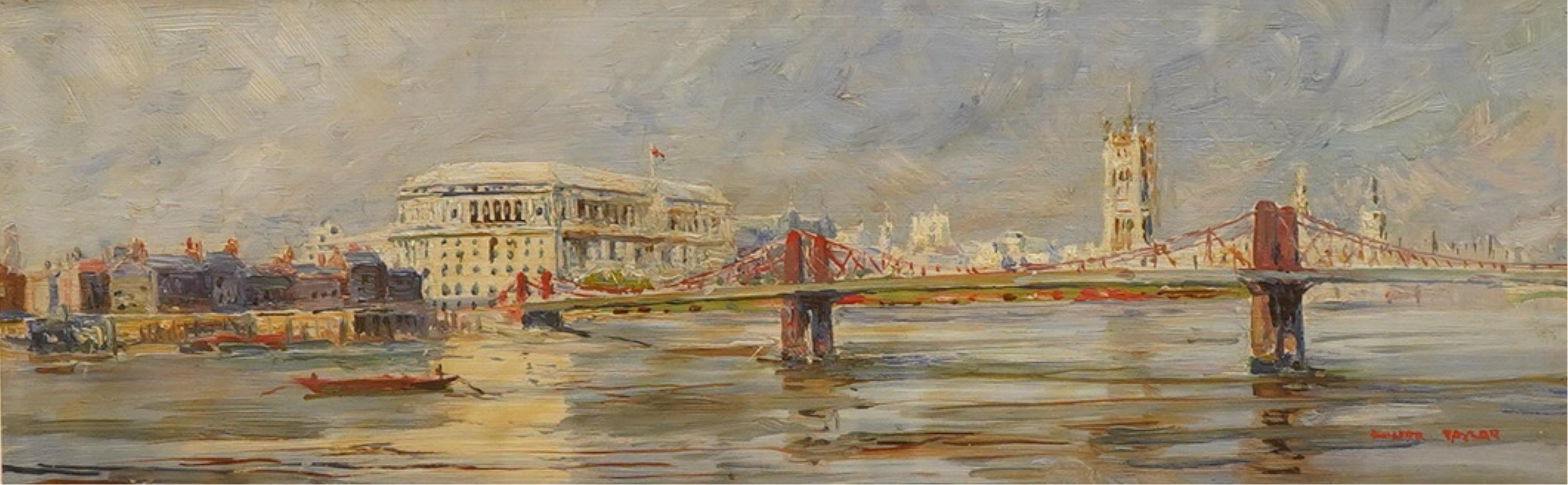 Walter Taylor (1860-1943), A view of the Thames, with the old Lambeth bridge, Imperial Chemical House and the Palace of Westminster, circa 1930, signed lower right, oil on board, 19cm x 39.5cm
